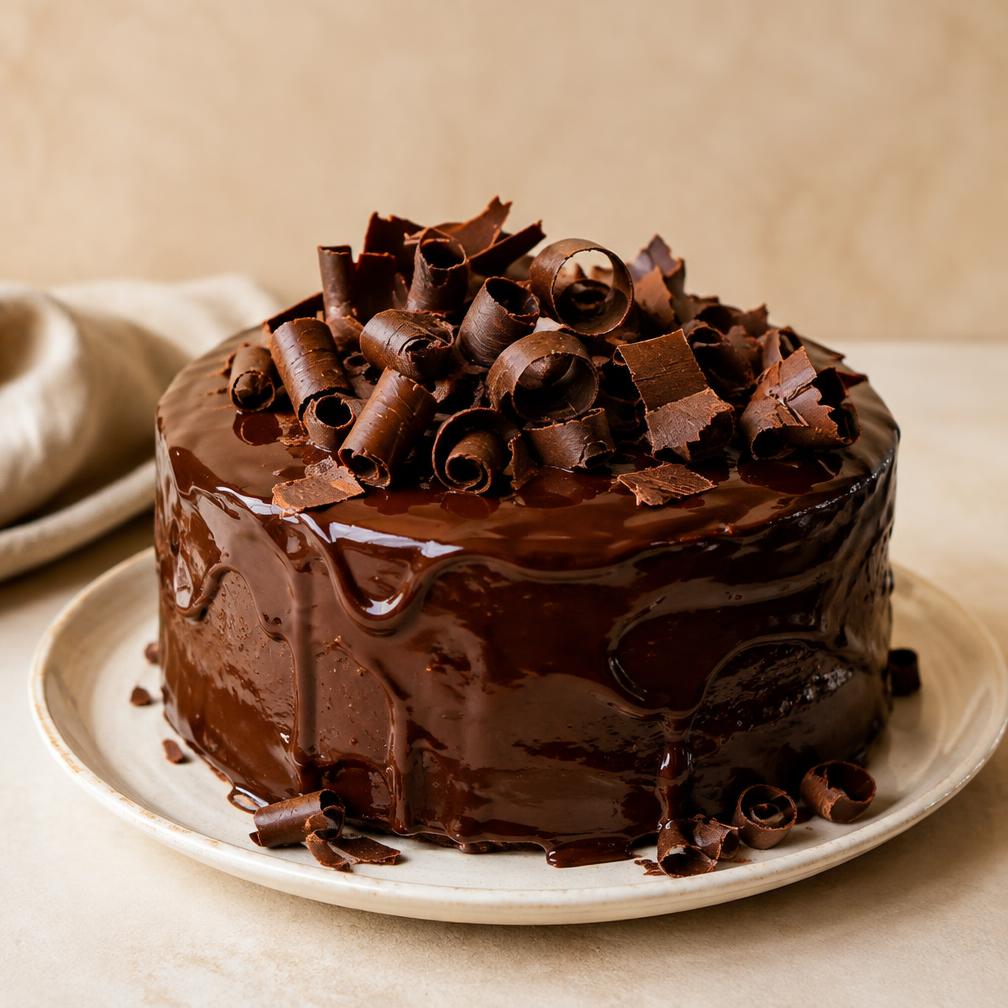Rich chocolate cake topped with chocolate curls