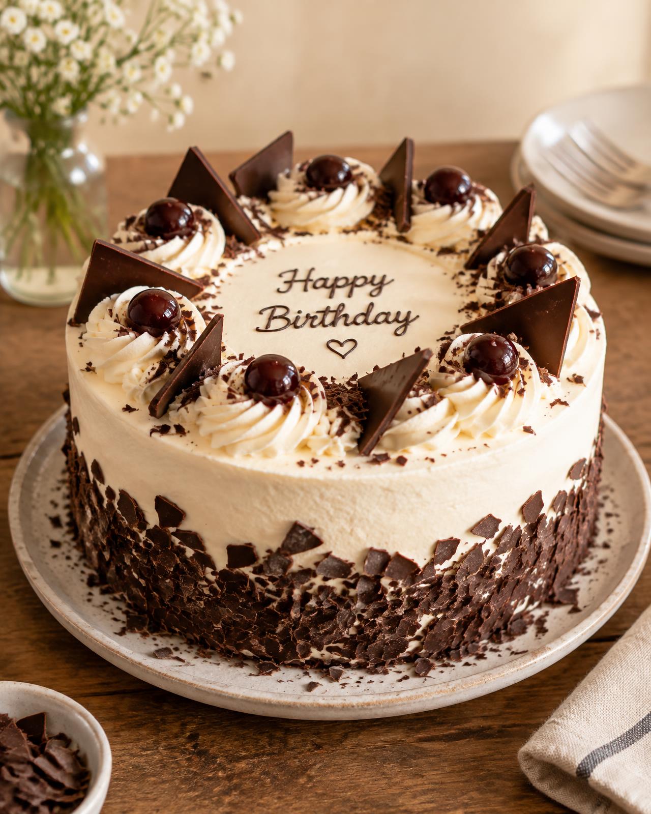 Custom chocolate birthday cake with cream frosting and chocolate decorations