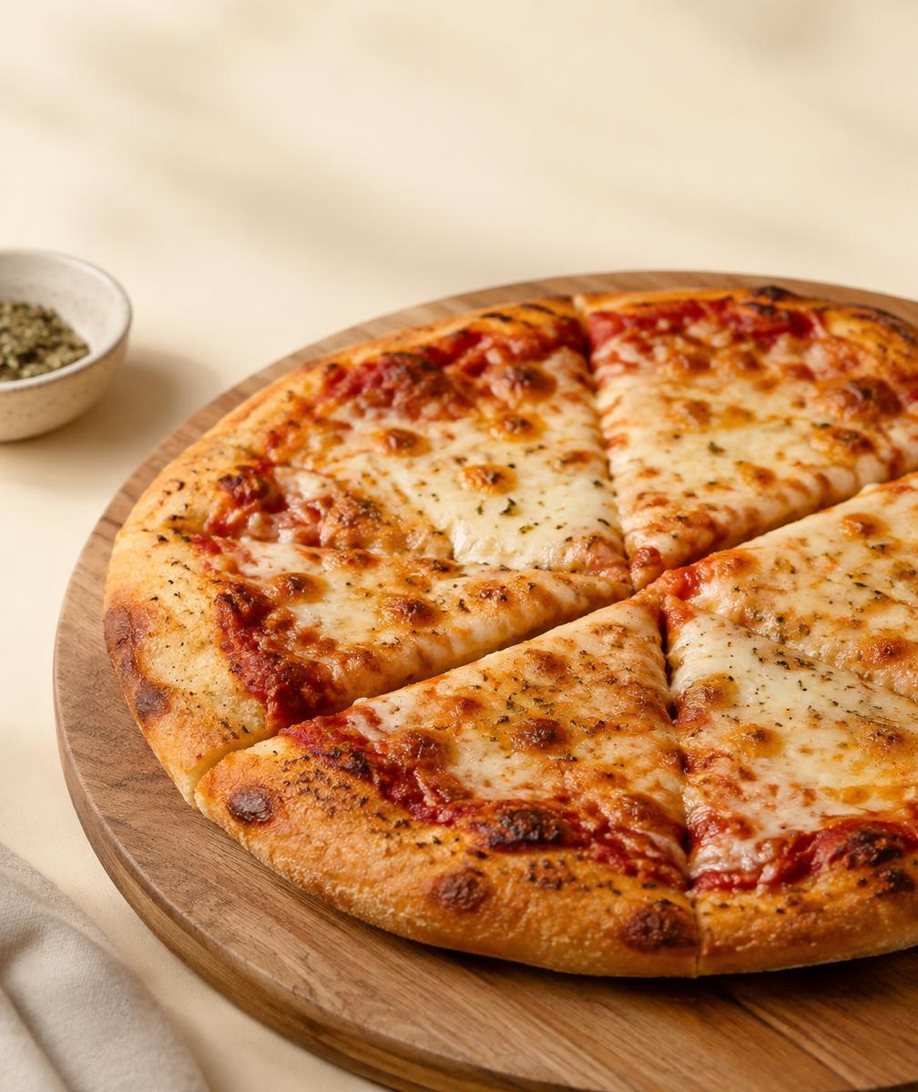 Freshly baked pizza topped with melted cheese